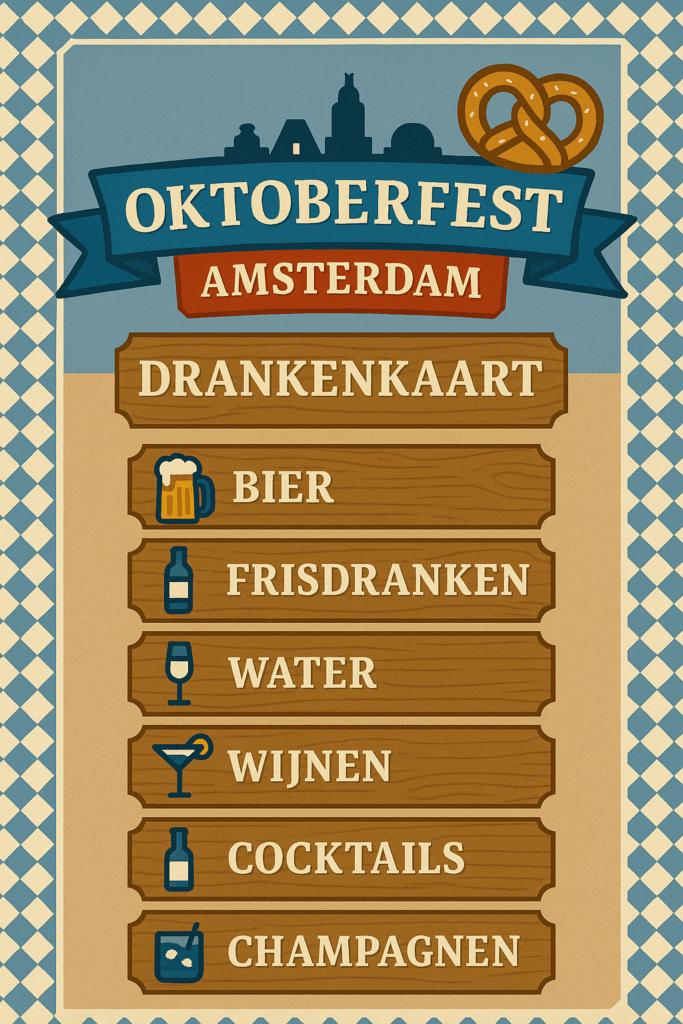 Overzicht van alle beschikbare dranken op het Oktoberfest Amsterdam Editie 2025.