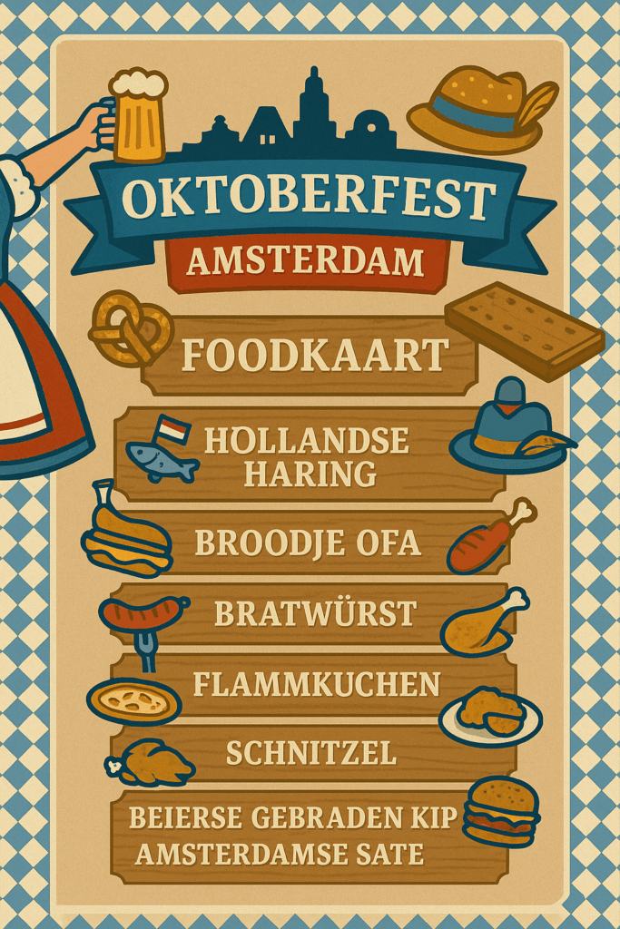 Overzicht van alle gerechten en snacks die verkrijgbaar zijn op het Oktoberfest Amsterdam Editie 2025.