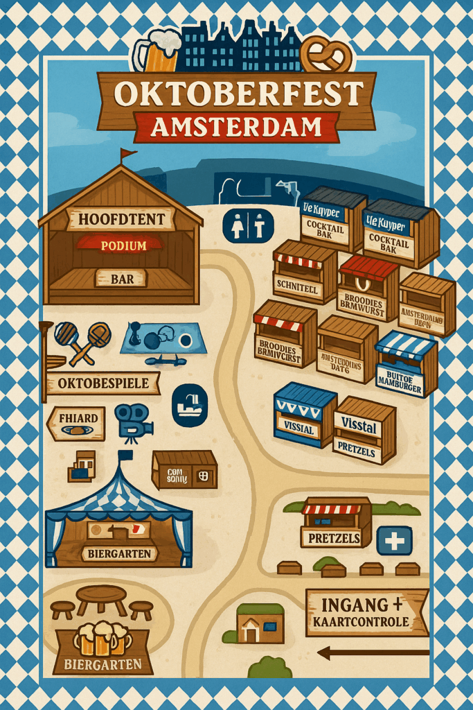 In bovenaanzicht de lay-out van alle onderdelen die te vinden zijn op het Oktoberfest Amsterdam Editie 2025.