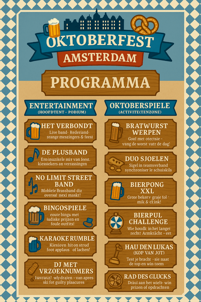 Overzicht van al het Entertainment en Activiteiten op het Oktoberfest Amsterdam Editie 2025.
